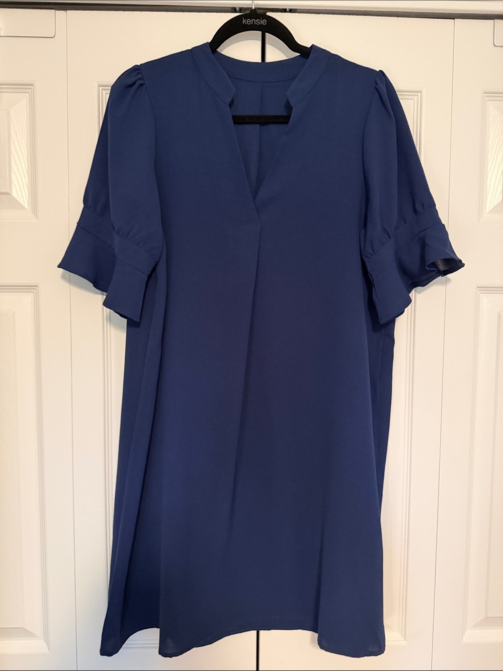 Kensie Navy V-Neck Midi Dress with Ruffle Sleeves